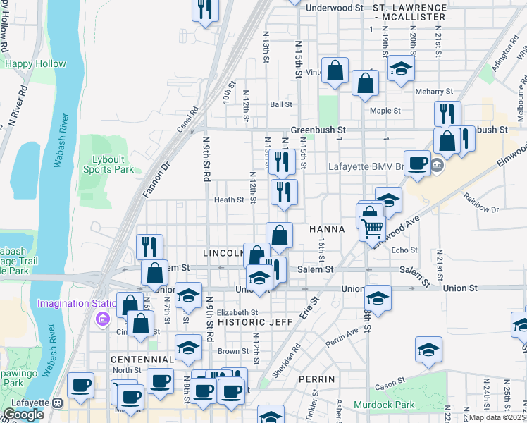 map of restaurants, bars, coffee shops, grocery stores, and more near 1216 Hartford Street in Lafayette