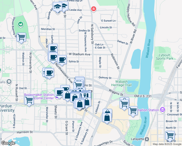 map of restaurants, bars, coffee shops, grocery stores, and more near 404 North Salisbury Street in West Lafayette