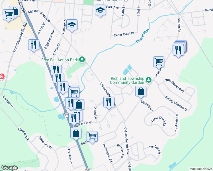 map of restaurants, bars, coffee shops, grocery stores, and more near 740 Old Bethlehem Pike in Quakertown