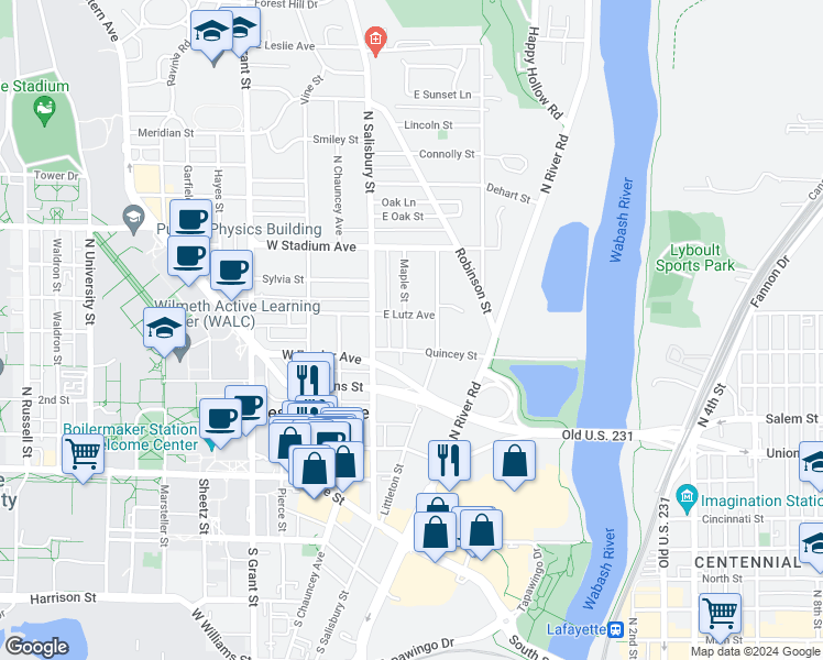 map of restaurants, bars, coffee shops, grocery stores, and more near 414 Maple Street in West Lafayette
