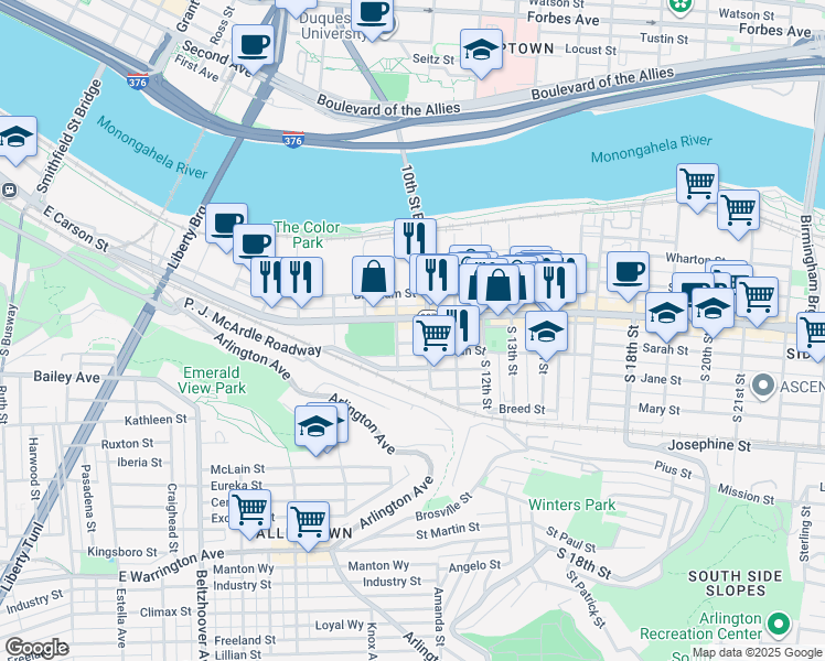 map of restaurants, bars, coffee shops, grocery stores, and more near 930 East Carson Street in Pittsburgh