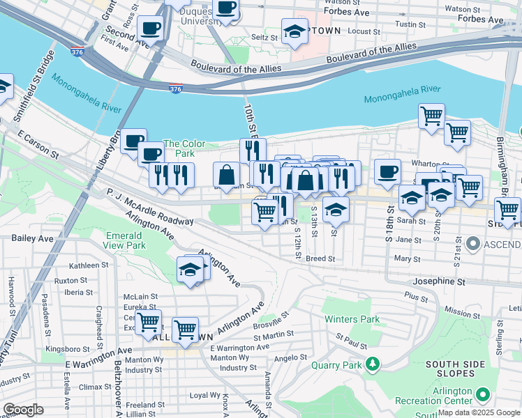 map of restaurants, bars, coffee shops, grocery stores, and more near South 10th Street in Pittsburgh