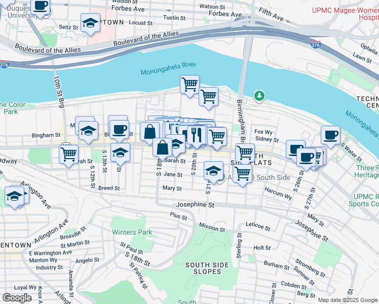 map of restaurants, bars, coffee shops, grocery stores, and more near 1911 Sarah Street in Pittsburgh