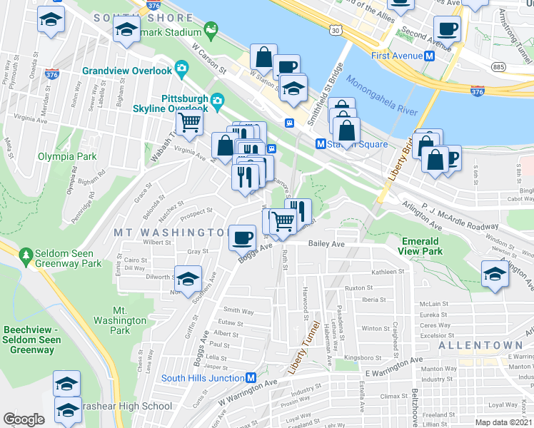 map of restaurants, bars, coffee shops, grocery stores, and more near 319 Wyoming Street in Pittsburgh