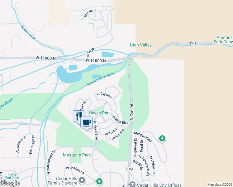 map of restaurants, bars, coffee shops, grocery stores, and more near 10795 North La Costa in Cedar Hills