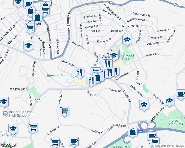 map of restaurants, bars, coffee shops, grocery stores, and more near 1869 Chessland Street in Pittsburgh