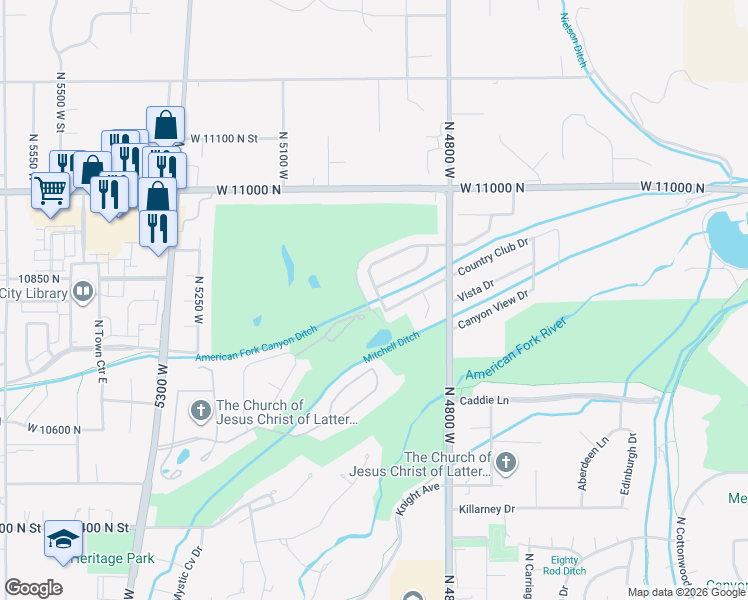 map of restaurants, bars, coffee shops, grocery stores, and more near 10861 North Panorama Drive in Highland