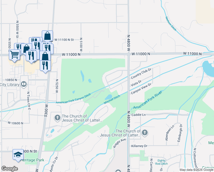 map of restaurants, bars, coffee shops, grocery stores, and more near 10861 North West Panorama Drive in Highland