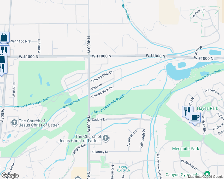 map of restaurants, bars, coffee shops, grocery stores, and more near 4673 Canyon View Drive in Highland
