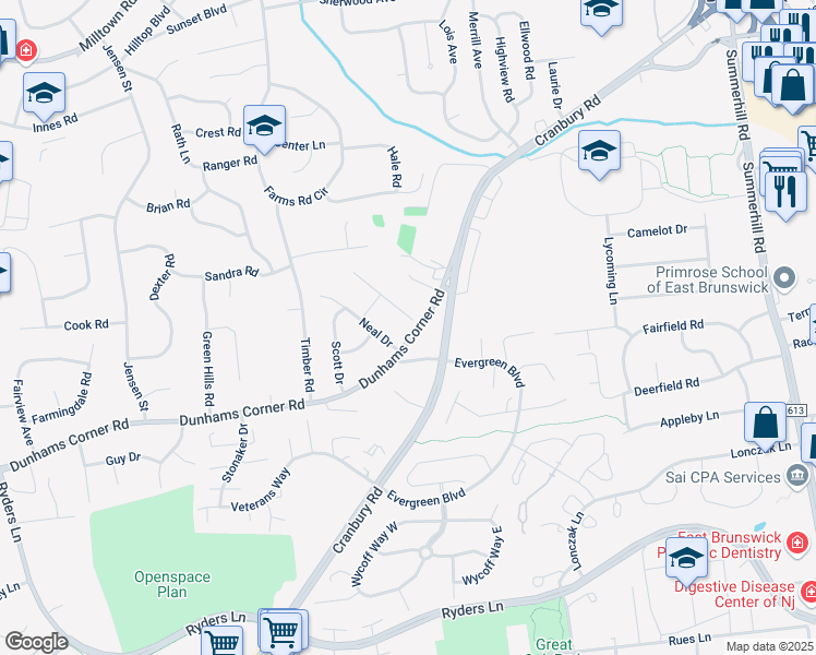 map of restaurants, bars, coffee shops, grocery stores, and more near 1 Theodore Drive in East Brunswick