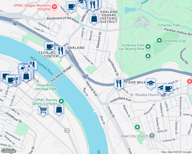 map of restaurants, bars, coffee shops, grocery stores, and more near 3136 Bohem Street in Pittsburgh