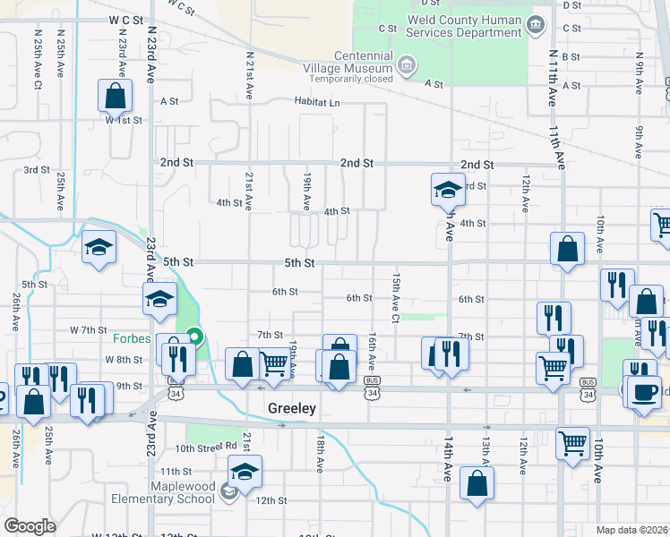 map of restaurants, bars, coffee shops, grocery stores, and more near 505 18th Avenue in Greeley
