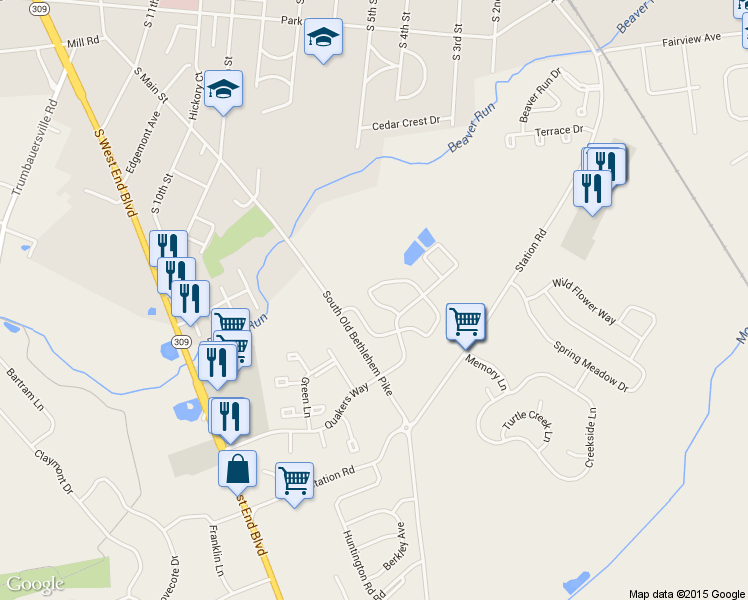 map of restaurants, bars, coffee shops, grocery stores, and more near 1118 Liberty Court in Quakertown