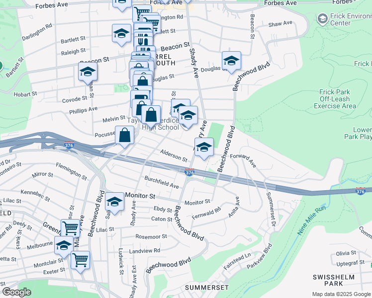 map of restaurants, bars, coffee shops, grocery stores, and more near 6350 Forward Avenue in Pittsburgh
