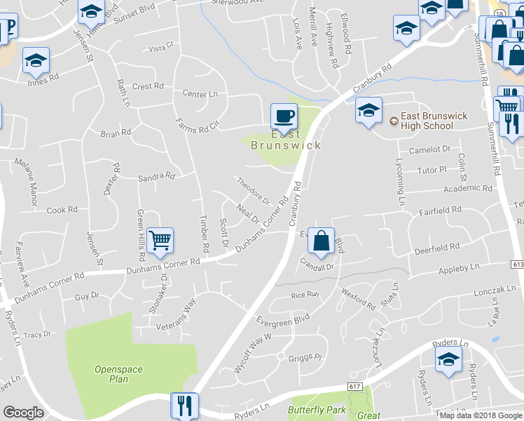 map of restaurants, bars, coffee shops, grocery stores, and more near 11 Theodore Drive in East Brunswick
