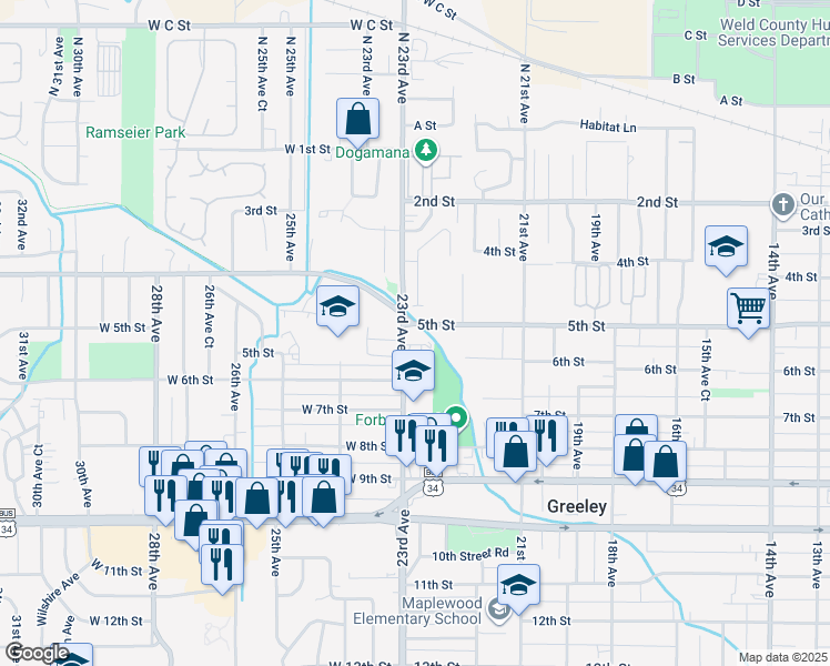 map of restaurants, bars, coffee shops, grocery stores, and more near 516 23rd Avenue in Greeley
