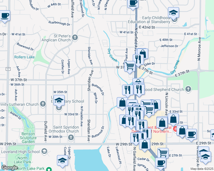 map of restaurants, bars, coffee shops, grocery stores, and more near 3506 Butternut Drive in Loveland