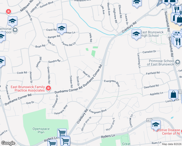 map of restaurants, bars, coffee shops, grocery stores, and more near in East Brunswick