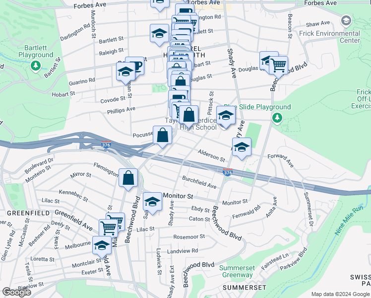 map of restaurants, bars, coffee shops, grocery stores, and more near 2720 Shady Avenue in Pittsburgh