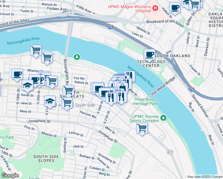 map of restaurants, bars, coffee shops, grocery stores, and more near 2667 Sidney Street in Pittsburgh