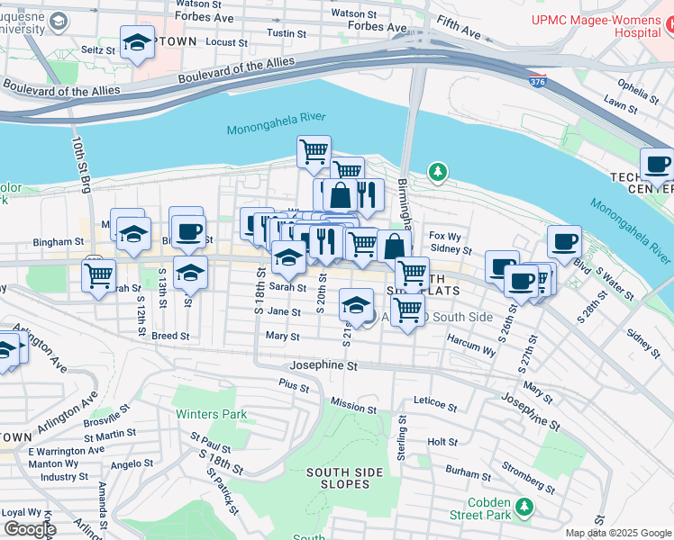 map of restaurants, bars, coffee shops, grocery stores, and more near in Pittsburgh