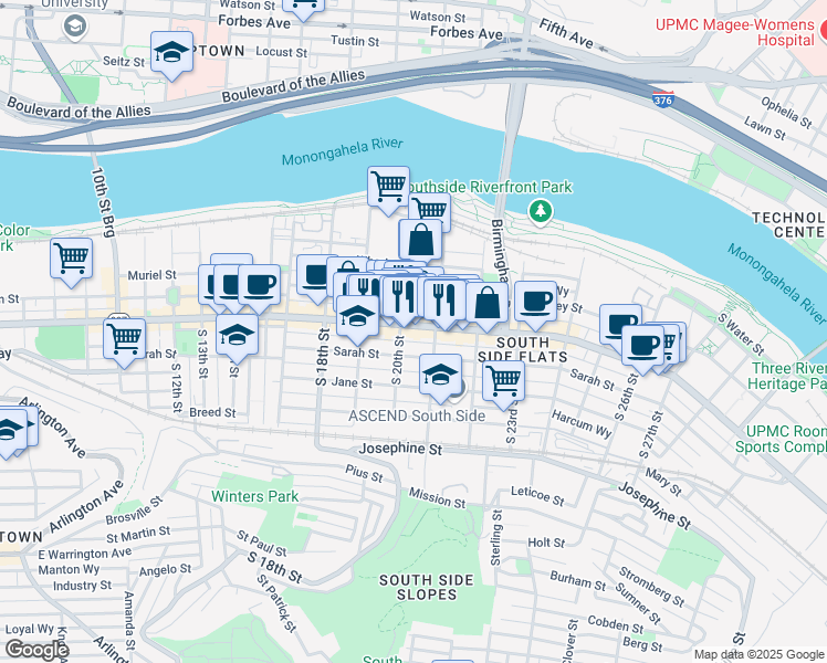 map of restaurants, bars, coffee shops, grocery stores, and more near in Pittsburgh