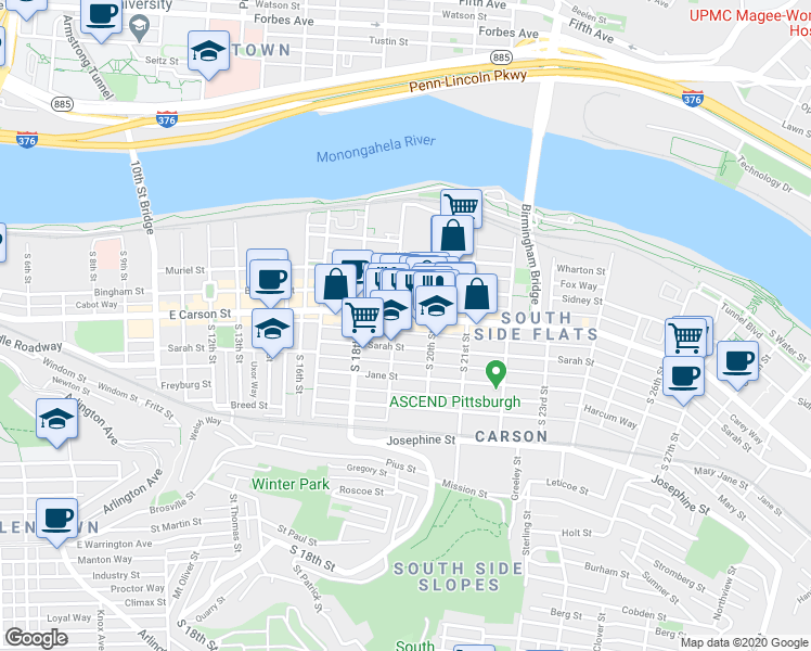 map of restaurants, bars, coffee shops, grocery stores, and more near 1911 Sarah Street in Pittsburgh