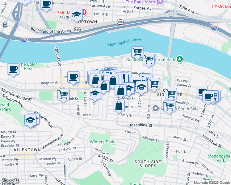 map of restaurants, bars, coffee shops, grocery stores, and more near 1715 Sarah Street in Pittsburgh