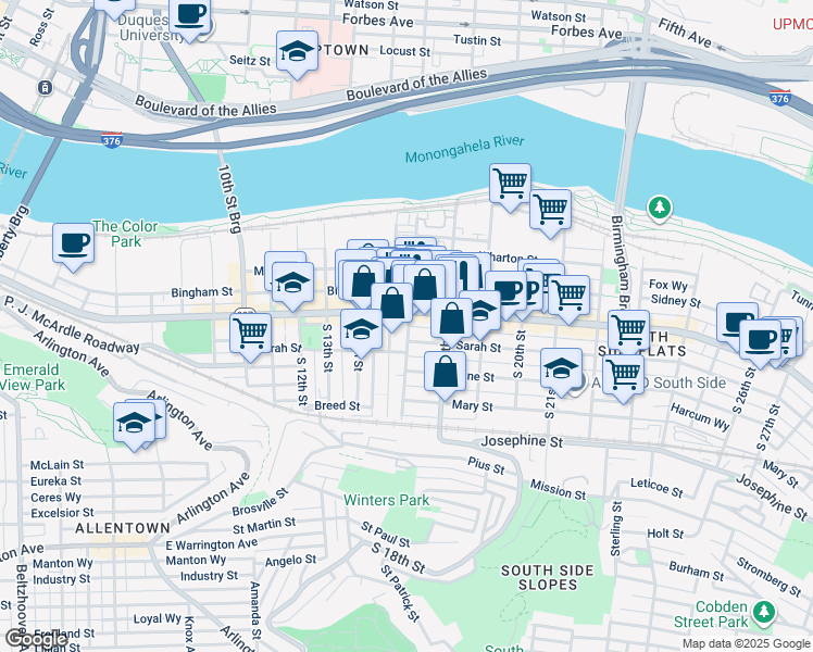 map of restaurants, bars, coffee shops, grocery stores, and more near 1715 Sarah Street in Pittsburgh