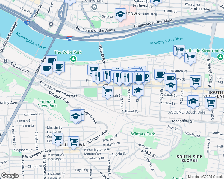 map of restaurants, bars, coffee shops, grocery stores, and more near 86 South 11th Street in Pittsburgh