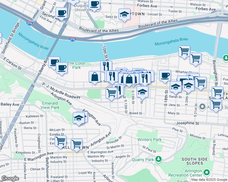 map of restaurants, bars, coffee shops, grocery stores, and more near 86 South 11th Street in Pittsburgh