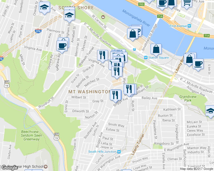 map of restaurants, bars, coffee shops, grocery stores, and more near 65 Southern Avenue in Pittsburgh