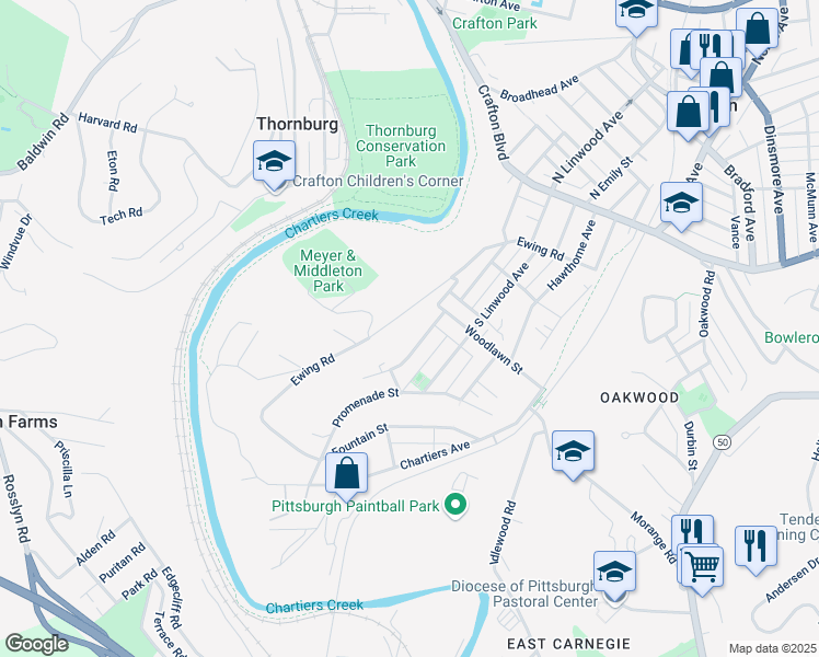 map of restaurants, bars, coffee shops, grocery stores, and more near 140 South Grandview Avenue in Crafton