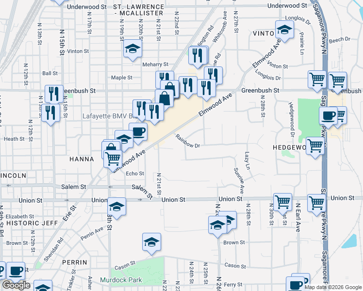 map of restaurants, bars, coffee shops, grocery stores, and more near 1028 Tulip Lane in Lafayette