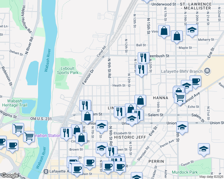 map of restaurants, bars, coffee shops, grocery stores, and more near 1108 North 10th Street in Lafayette