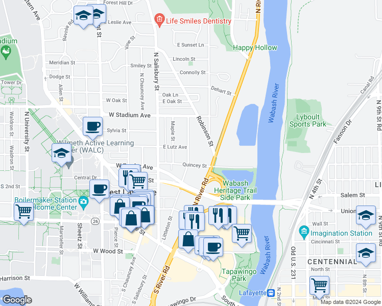 map of restaurants, bars, coffee shops, grocery stores, and more near 426 Littleton Street in West Lafayette