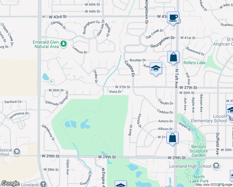 map of restaurants, bars, coffee shops, grocery stores, and more near 2000 Vista Drive in Loveland