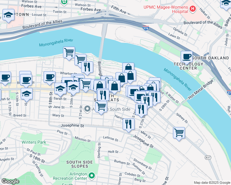 map of restaurants, bars, coffee shops, grocery stores, and more near 2331 East Carson Street in Pittsburgh