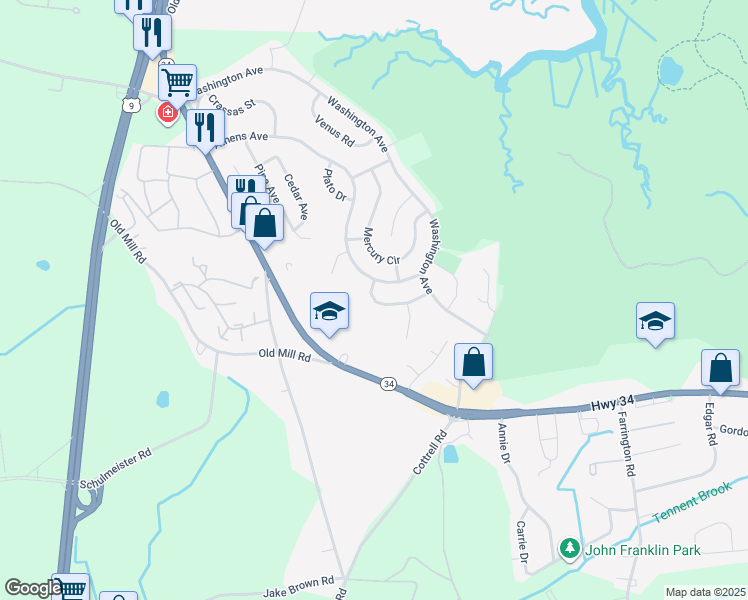 map of restaurants, bars, coffee shops, grocery stores, and more near 7 Spyros Drive in South Amboy