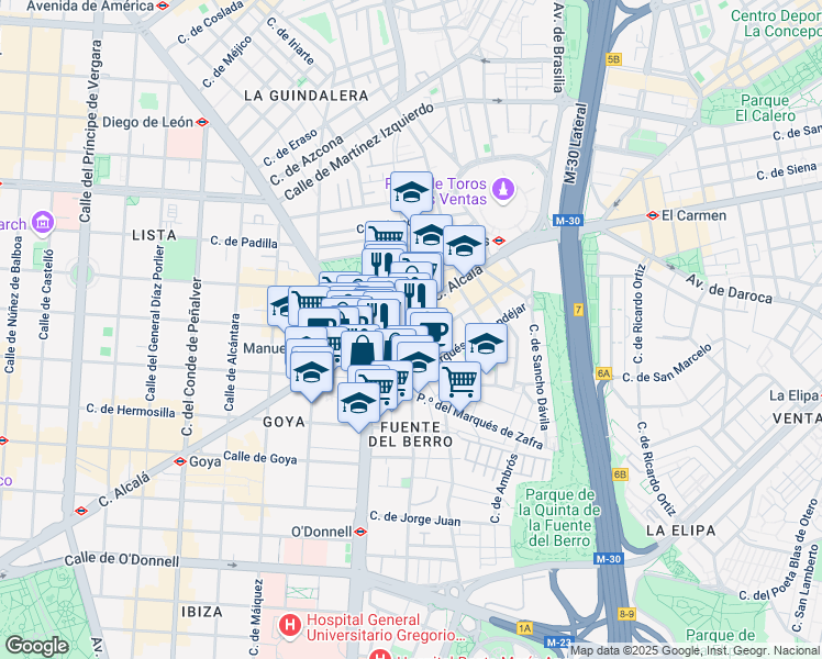 map of restaurants, bars, coffee shops, grocery stores, and more near 5 Calle de Rufino Blanco in Madrid