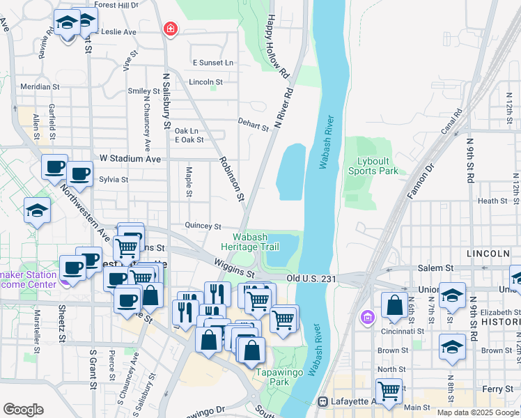 map of restaurants, bars, coffee shops, grocery stores, and more near 400 North River Road in West Lafayette