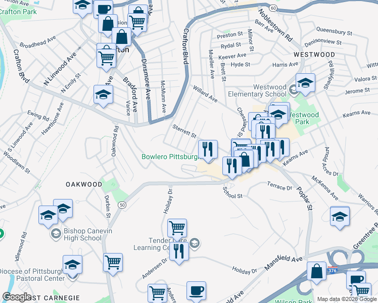 map of restaurants, bars, coffee shops, grocery stores, and more near 106 Hall Avenue in Pittsburgh
