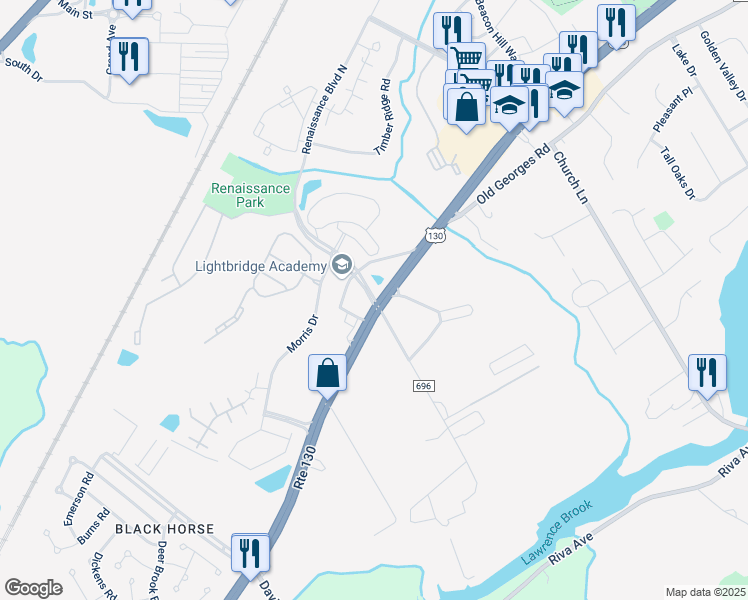 map of restaurants, bars, coffee shops, grocery stores, and more near 2703 U.S. 130 in North Brunswick