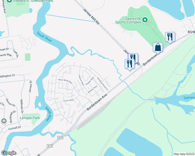 map of restaurants, bars, coffee shops, grocery stores, and more near 40 Winding Wood Drive in Sayreville