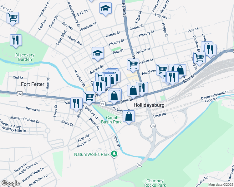 map of restaurants, bars, coffee shops, grocery stores, and more near 310 Mulberry Street in Hollidaysburg