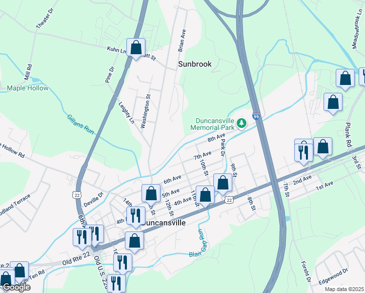 map of restaurants, bars, coffee shops, grocery stores, and more near 1012 7th Avenue in Duncansville