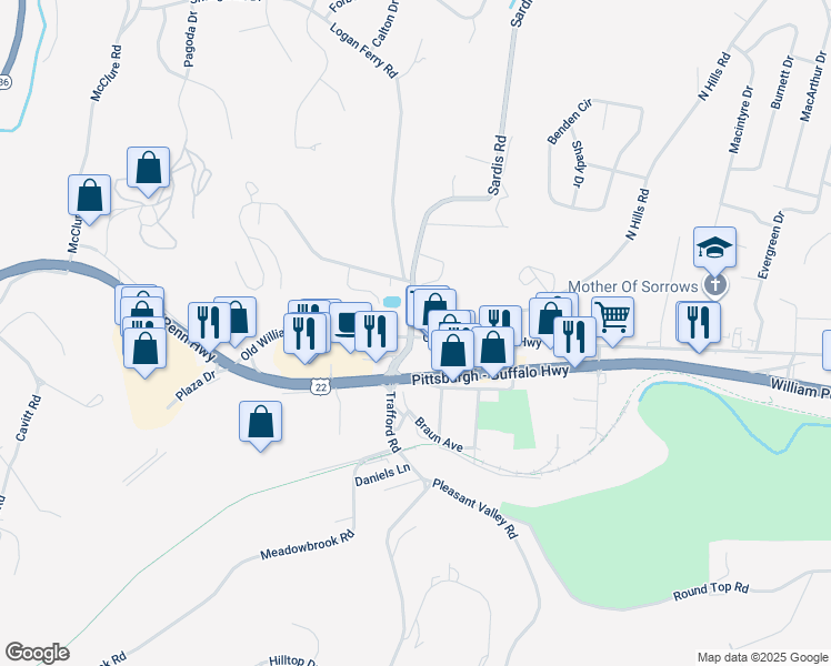 map of restaurants, bars, coffee shops, grocery stores, and more near in Murrysville