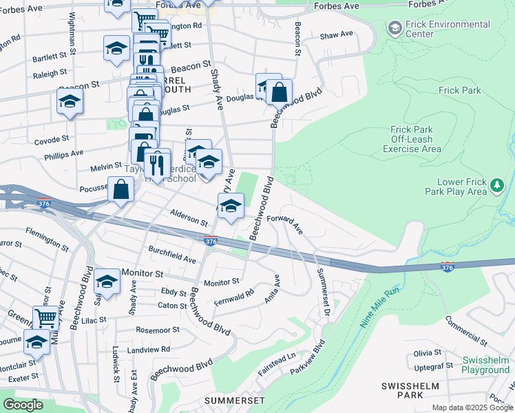 map of restaurants, bars, coffee shops, grocery stores, and more near 2581 Beechwood Boulevard in Pittsburgh