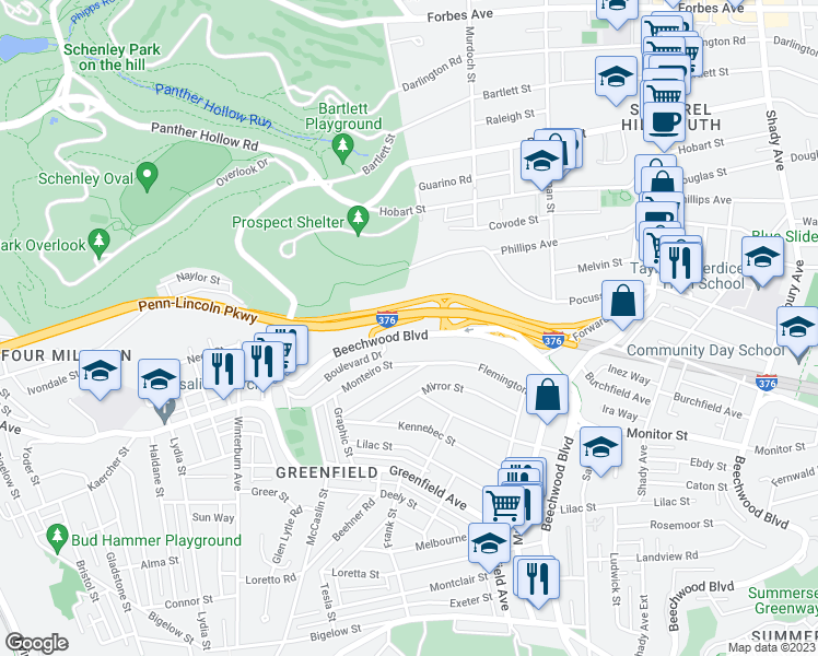 map of restaurants, bars, coffee shops, grocery stores, and more near 3905 Beechwood Boulevard in Pittsburgh