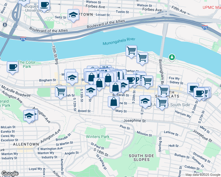 map of restaurants, bars, coffee shops, grocery stores, and more near 1715 Sarah Street in Pittsburgh